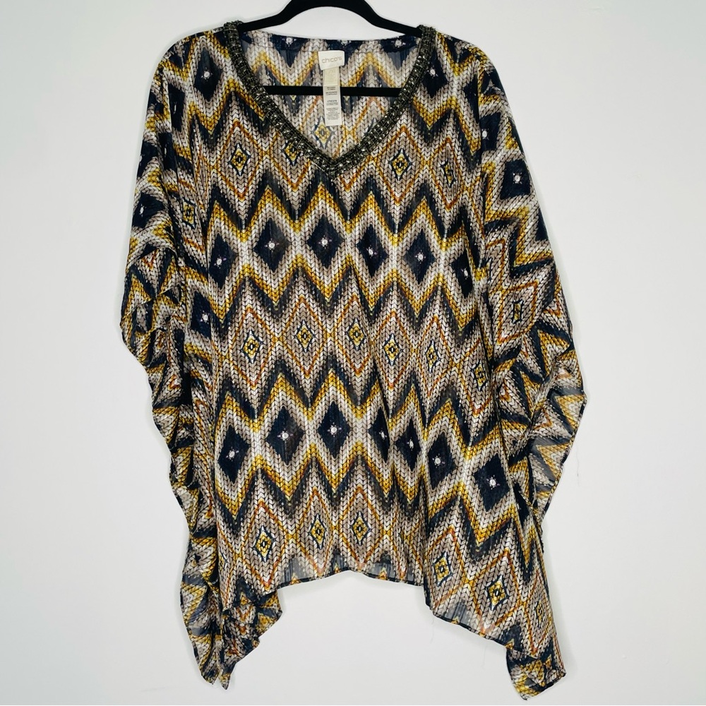 Chico's V-Neck Geometric Metallic Beaded Sheer Poncho Tunic Size Large/X-Large